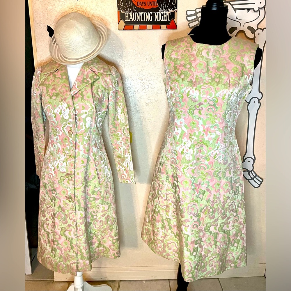 Vintage dress with matching long jacket pink and light green brocade
